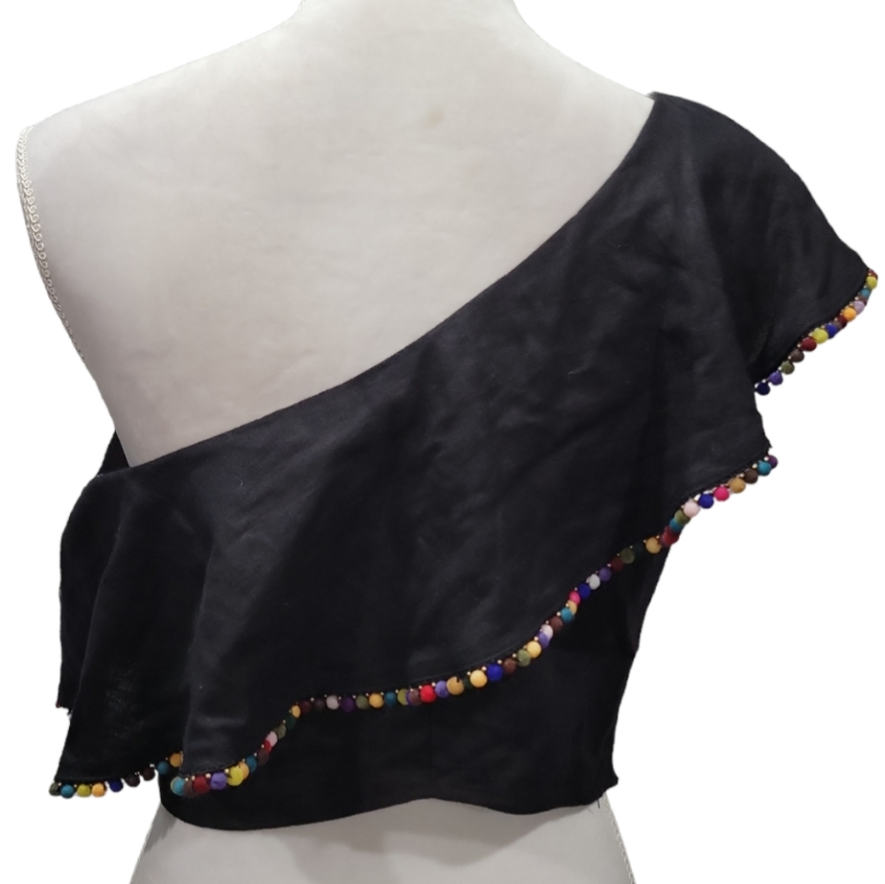 Bcbgeneration Black Crop One Shoulder Pompom Edge… - image 3